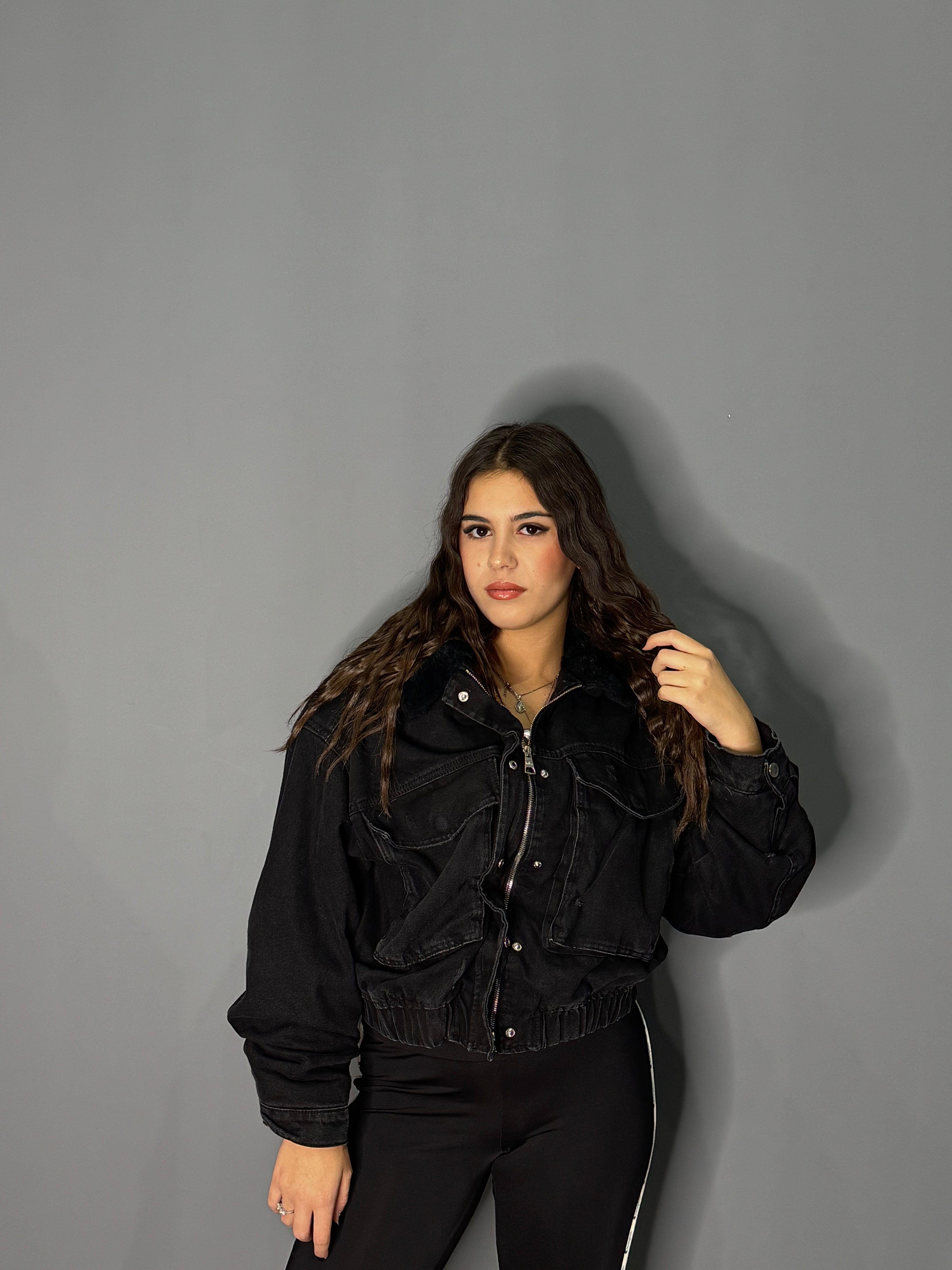 Bomber in denim all’interno pelliccia