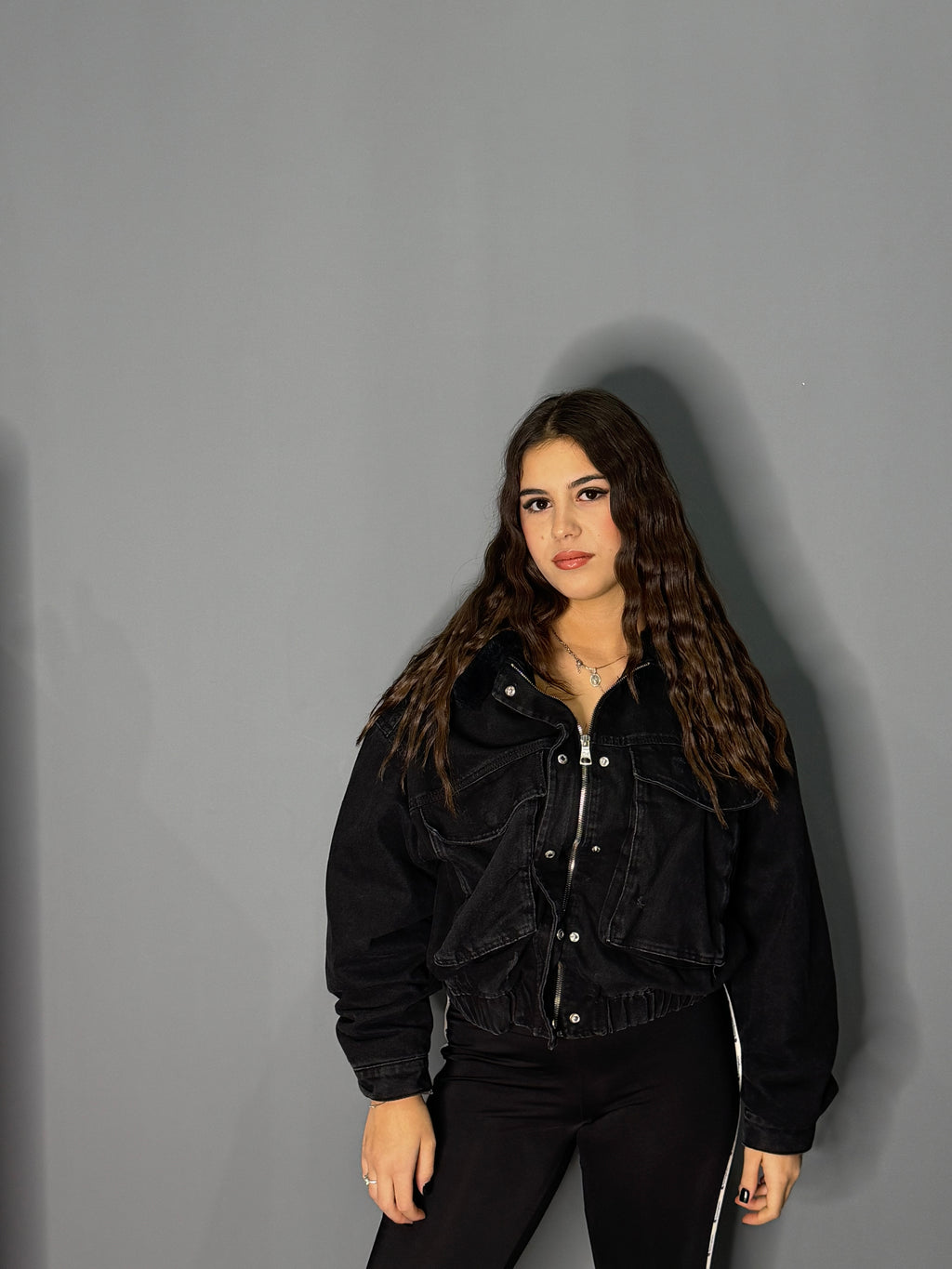 Bomber in denim all’interno pelliccia